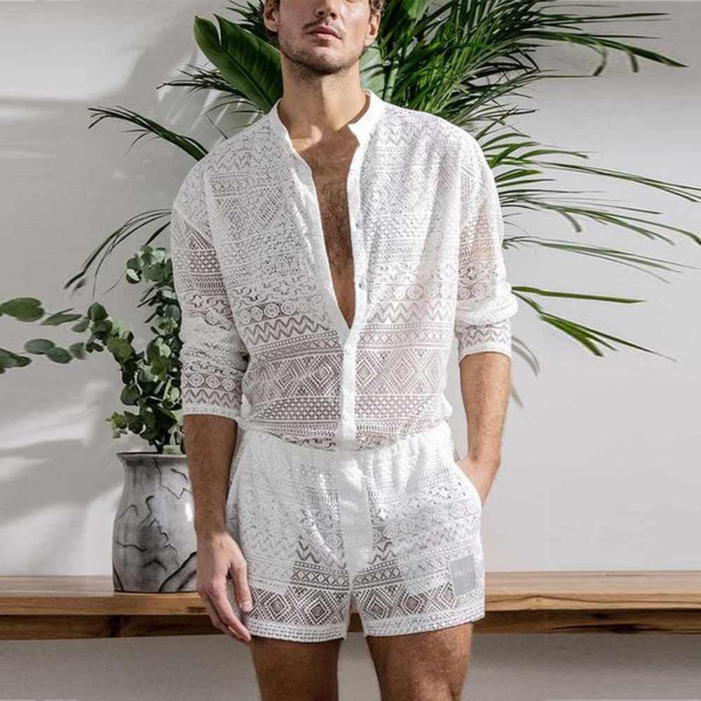 Men s Tracksuits Clothing Fashion Suit Men 2pcs Clothes Set Hollow Out Sexy Lace Short Sleeve Casual T Shirt Top Shorts Summer Solid Color 2