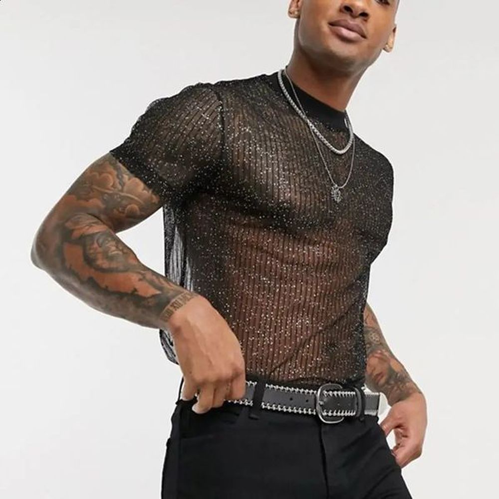 Men Short Sleeve Mesh Shirt Sheer Slim Fit Shiny Sexy T Shirt Party Nightclub Thin Breathable 240729