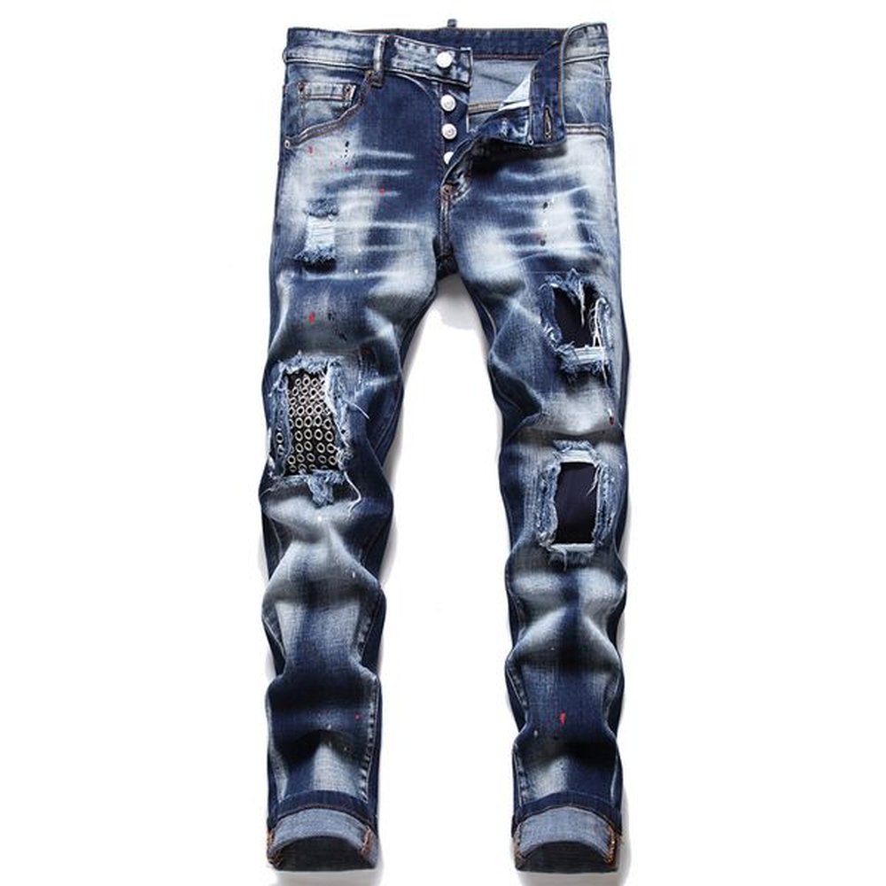 Men Slim Fit Stretchy Beggar Jeans Ripped Badge Skinny Men's Denim Pants 5-Pocket Regular Cotton Jean Destroyed Hole Clothing Pant Hip