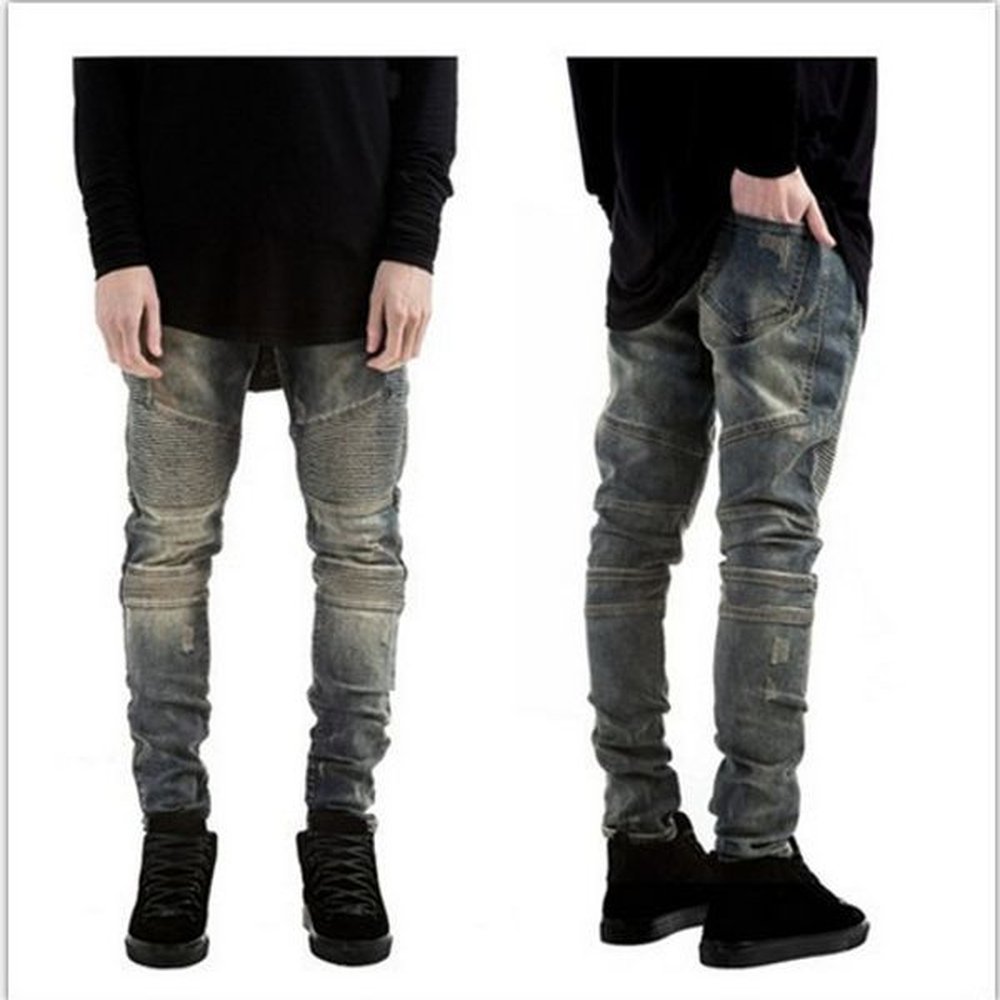 Men Straight Slim Fit Pants Pleated Retro Denim Trousers Jeans Men Biker Denim skinny Jeans Homme Plus Size 42