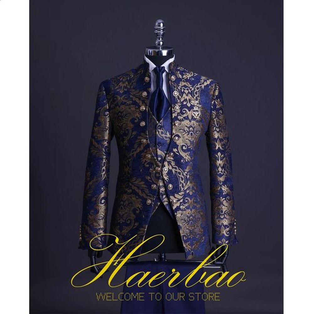 Men Suit Set Stand Collar Mens Wedding Suits Formal Groom Tuxedo Costume Handsome Blue Gold Floral Rim Stage 241223