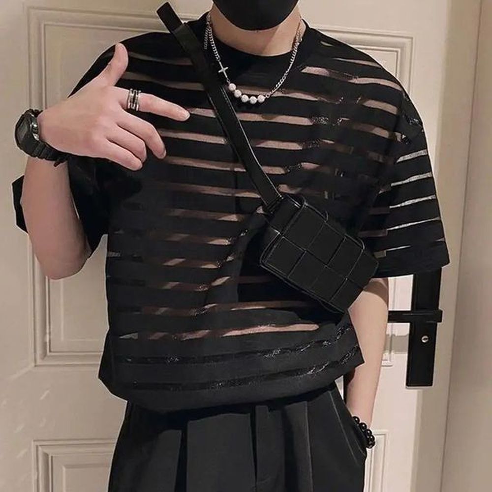 Men T Shirt Mesh Striped O-neck Short Sleeve Transparent Men Clothing Streetwear Sexy Korean Fashion Tee Tops S-5XL INCERUN 241206