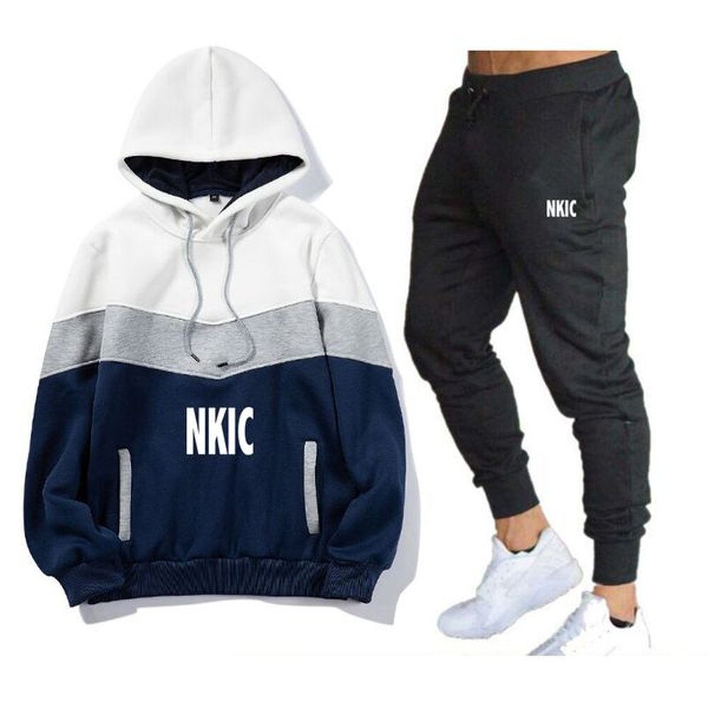 Men Tracksuit 2 Pieces Sets Patchwork Hooded Sweatshirt Drawstring Pants Male Hoodies Running Sportswear Men Women Autumn Sportwear