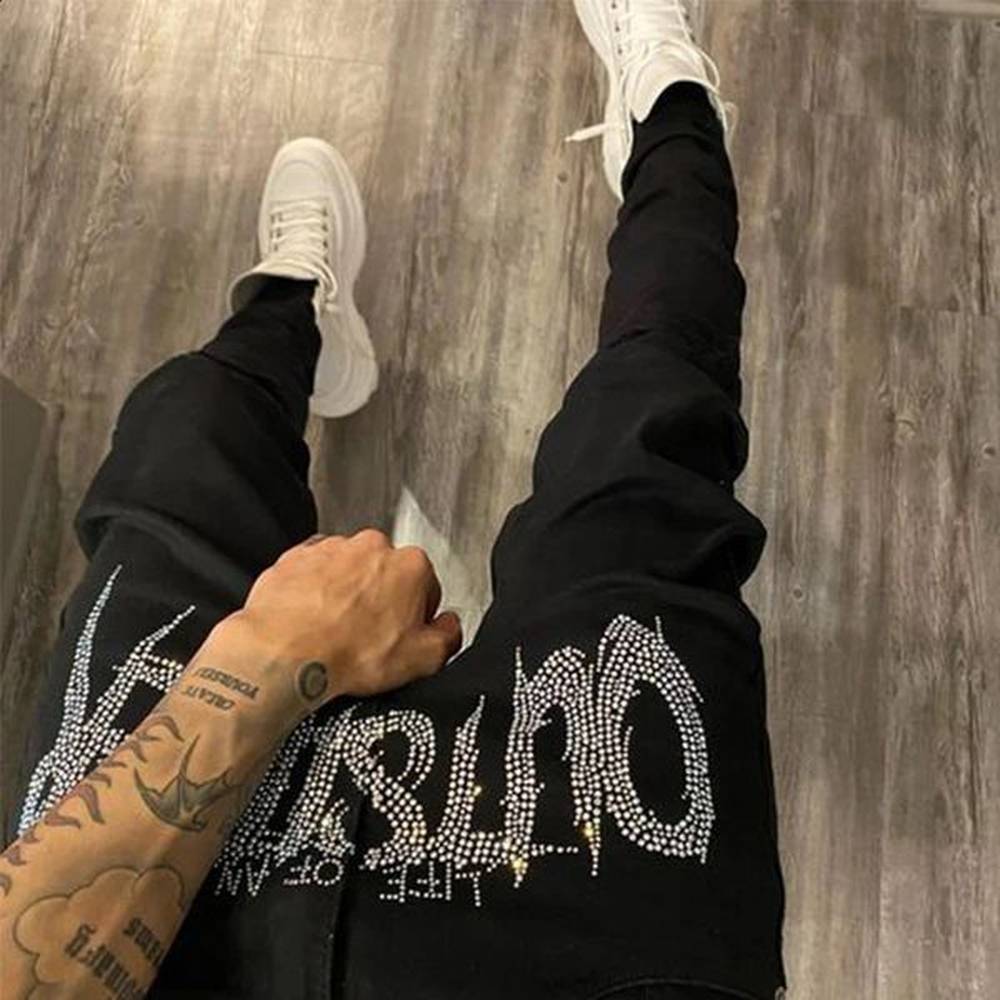 Men Trend Black Ripped Jeans Fashion Street Hole Trousers Cozy Skinny Rhinestone Stretch Soft Washed Denim Pants 240914