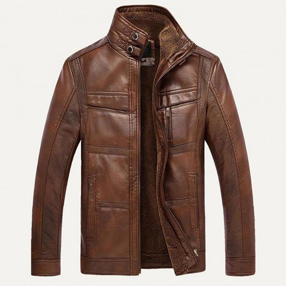 Men Winter Long Sleeve Solid Color Stand Collar Faux Leather Fleece Lined Zip Warm Short Casual Jackets Keep Warm