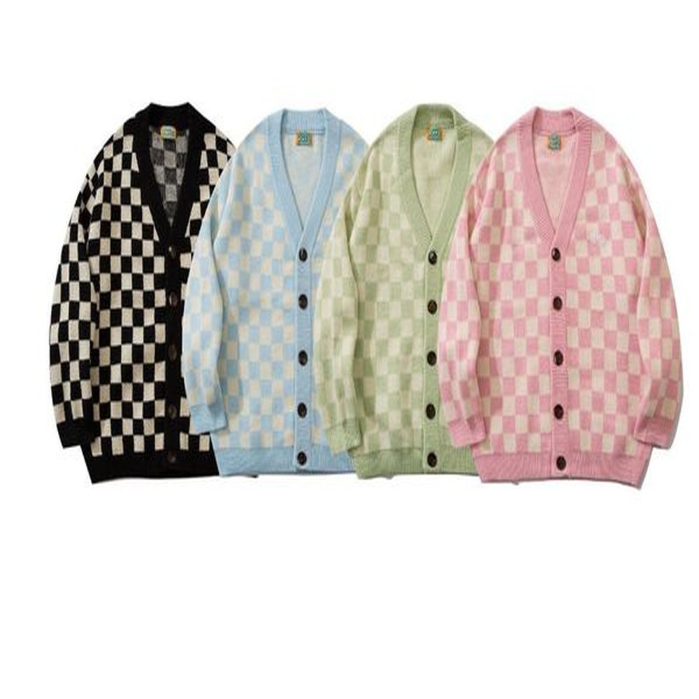 Men's and women's checkered cardigan sweater men's fashion brand autumn winter 2021 new loose couple's sweater coat