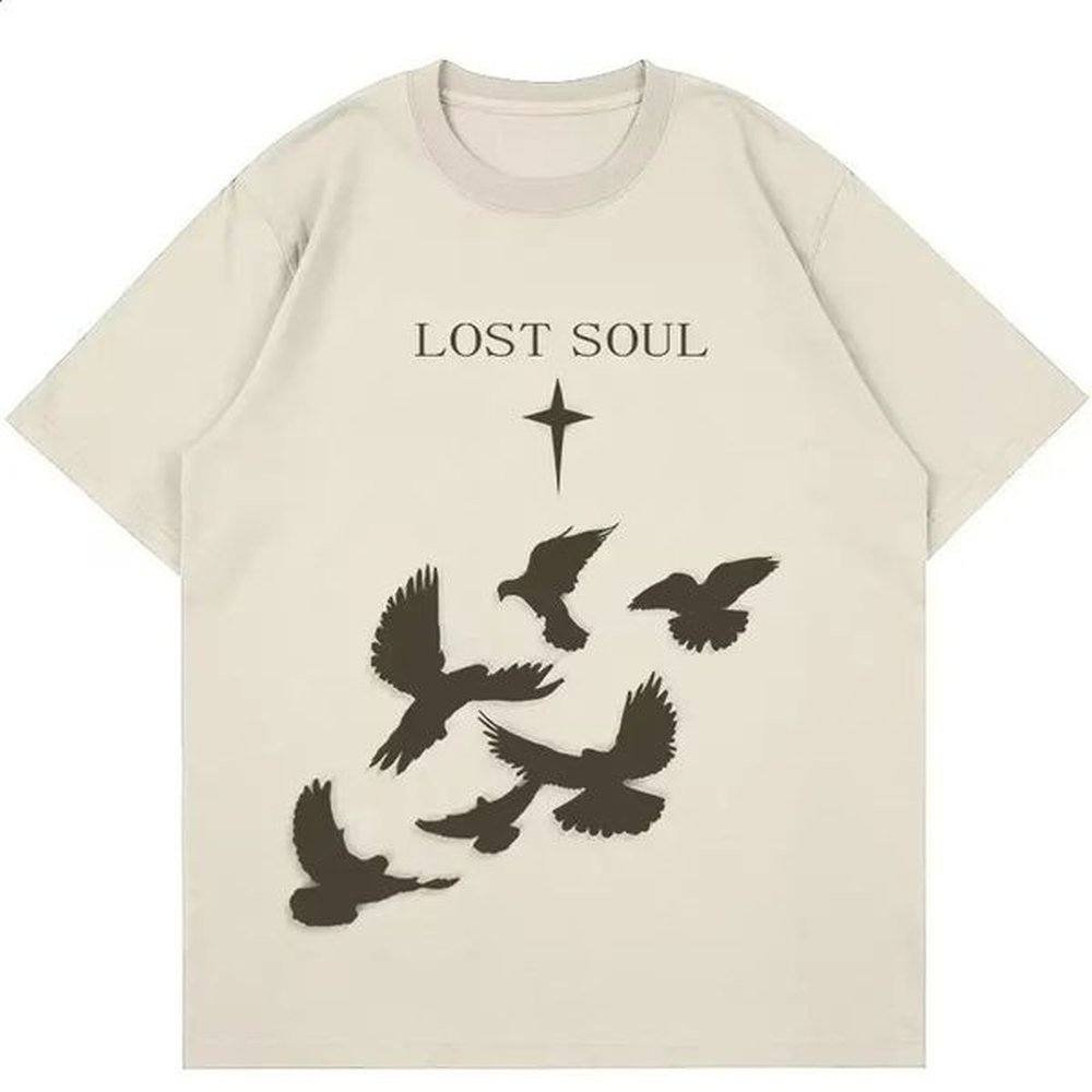 Mens and Womens Cotton Tshirts Lost in Soul Shadow Printed Short Sleeve Hip Hop Harajuku Punk Y2K Style Fashionable Loose Tshirt 241014