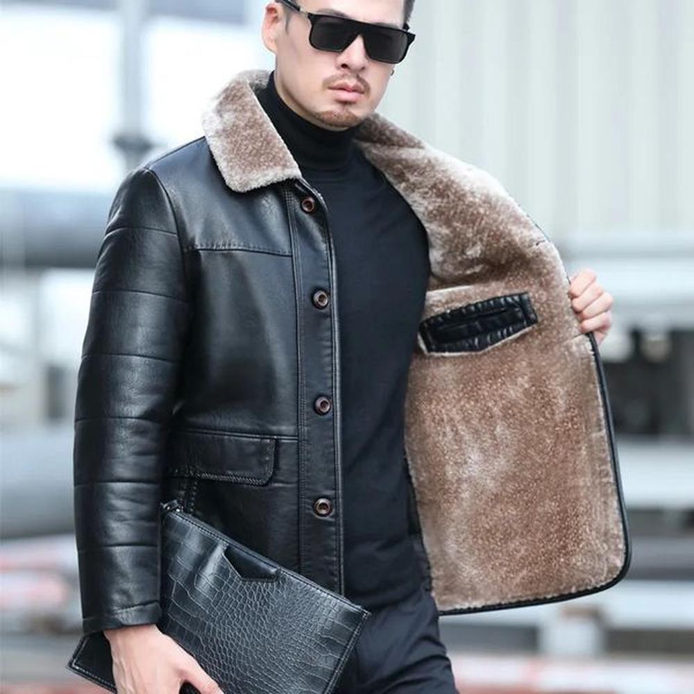Mens autumn and winter casual lapel medium to long business leather down jacket plus size 241122