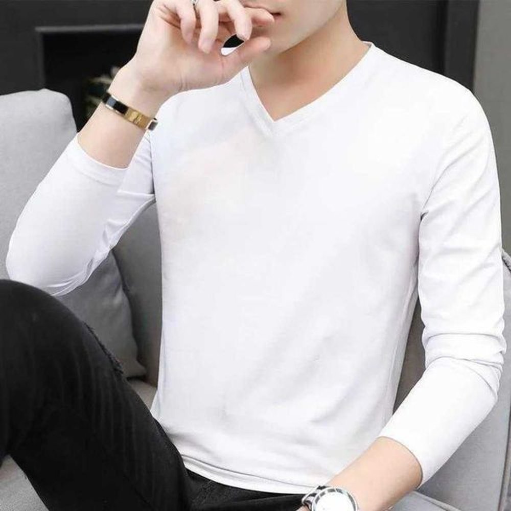 Mens autumn and winter silk long sleeved T-shirt solid color V-neck underwear white new trend insole shirt M241223