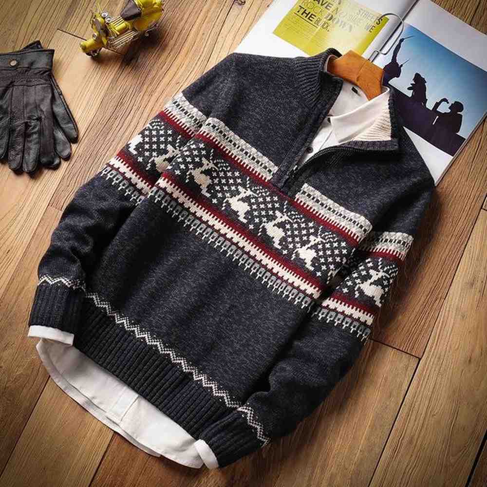 Mens autumn casual jacquard warm half zipper Christmas sweater cardigan wool sweater mens winter retro plain neck sweater with floral patter