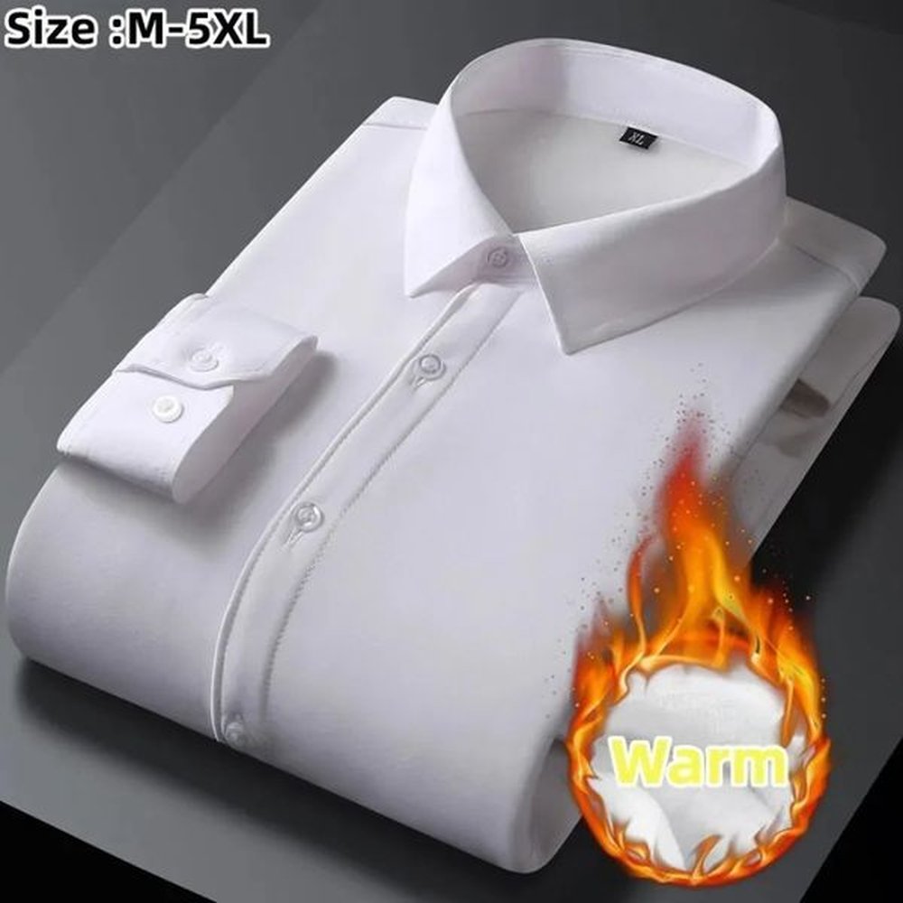 Mens Autumn Winter Long Sleeve Shirts White Warm Fleece Stretch Shirt Formal Business Office Wear Dress Male M5XL 240219
