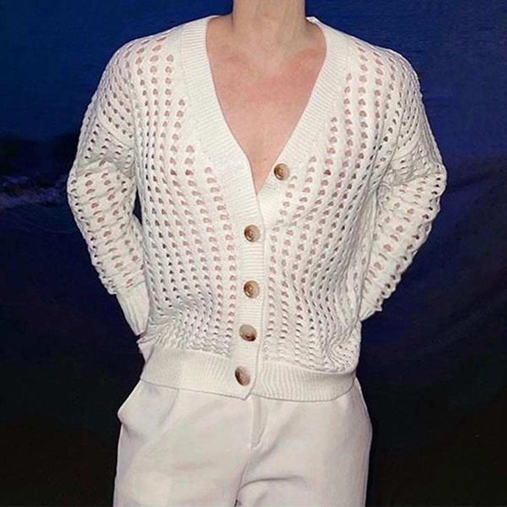 Mens Autumn Winter Mesh Hollow See-Through Sweater Genderless Y2k Fashion Sexy French V-Neck Cardigan Solid Color Sweater Unisex 240814