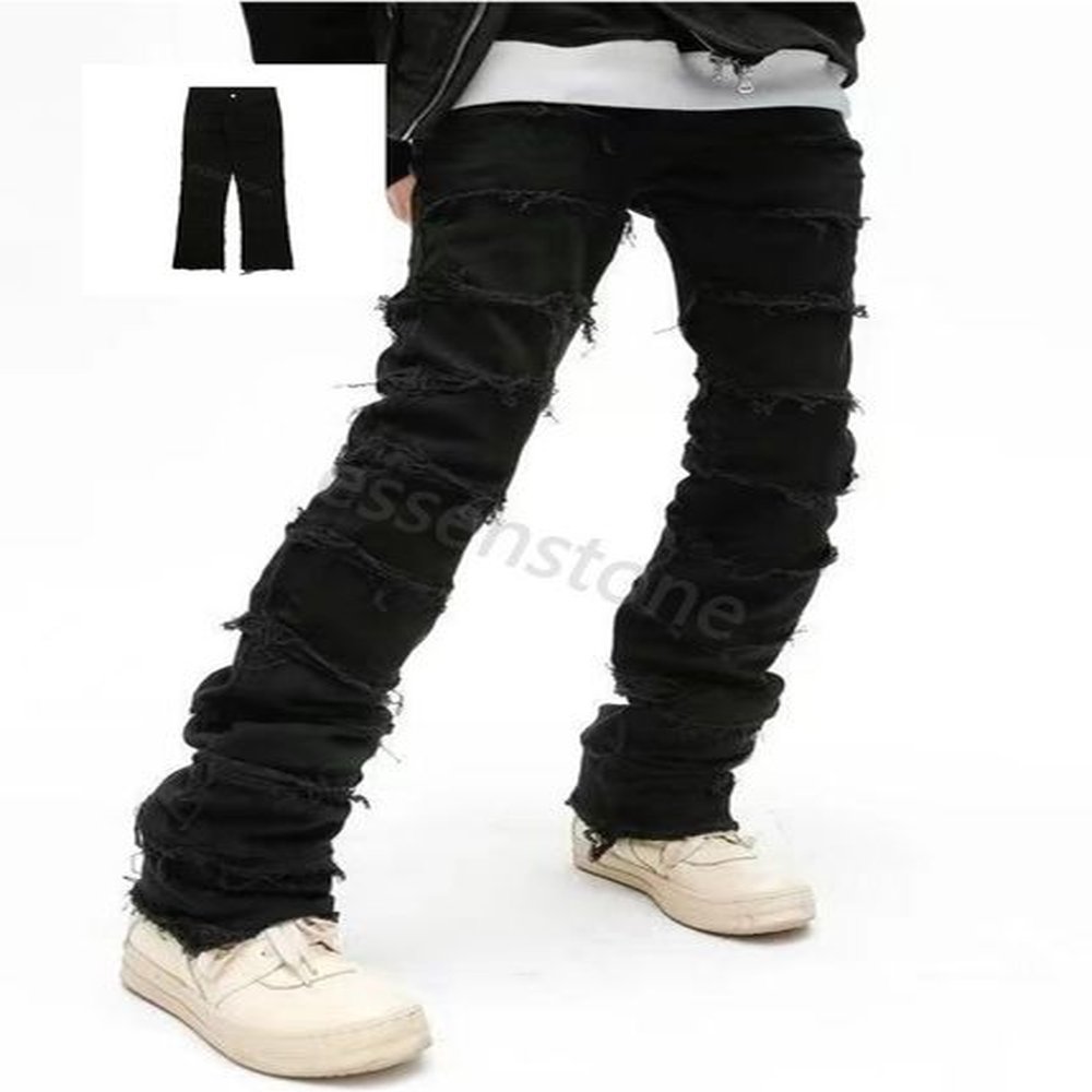 Men's black Jeans Mens Retro Patchwork Flared Pants Grunge Wild Stacked Ripped Long Trousers Straight Y2k Baggy Washed Faded For Man bl