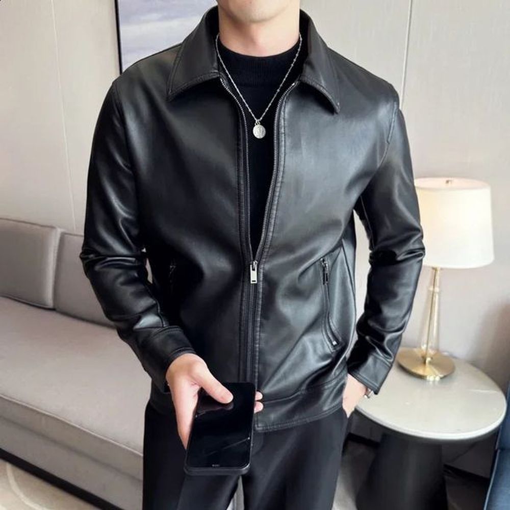 Mens Bomber Leather Jacket Windproof Lapel Solid Casual Slim Fit Coats Motorcycle PU Fashionable 240815