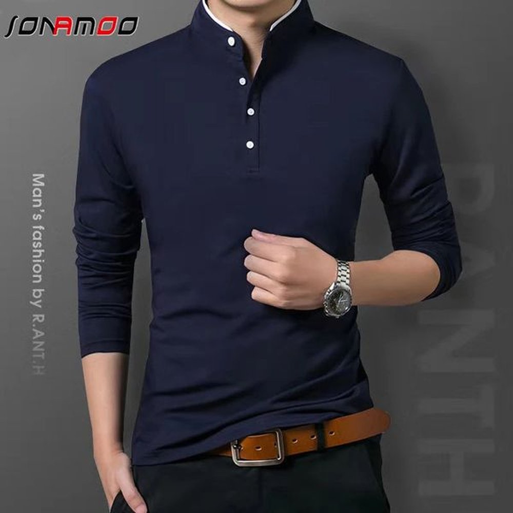 Mens Business Casual Polo Long Sleeve T-shirt Summer Comfortable and Breathable Solid Cotton Top i240807