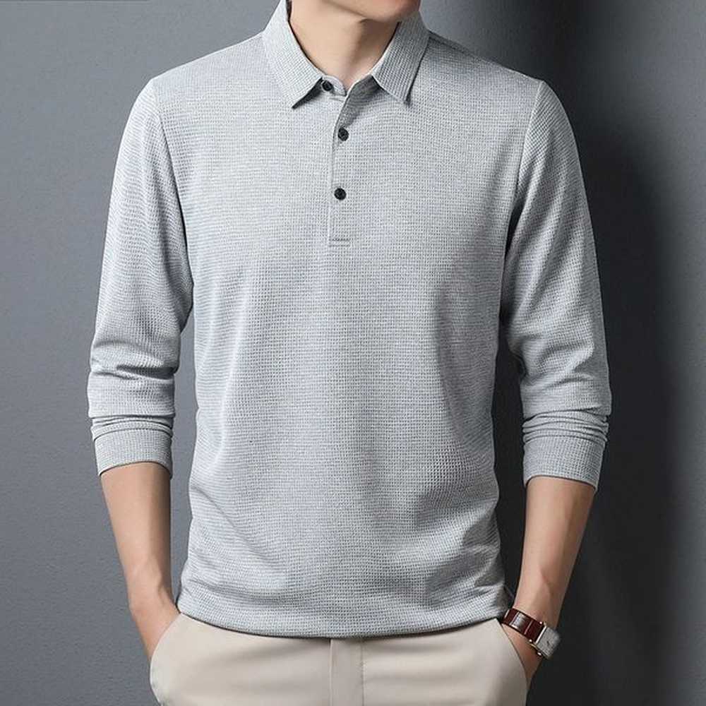 Mens Business Casual Polo Long Sleeve T-shirt Summer Comfortable Solid Cotton Top 241106