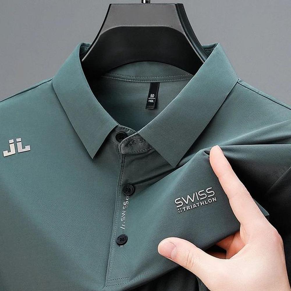 mens business casual short sleeved shirt with badge solid color polo stylish breathable and comfortable lapel top 250211