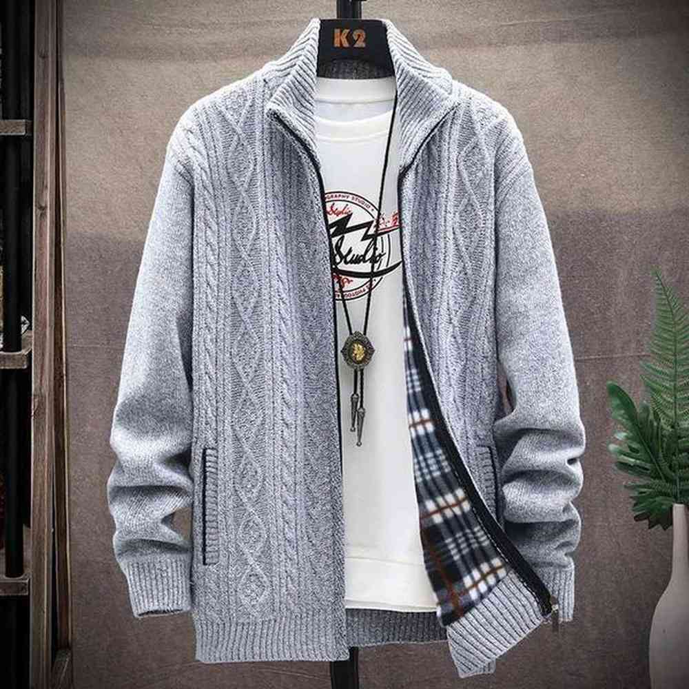 Mens cardigan sweater winter new wool warm thick zipper stand up collar solid casual knitted sweater mens clothing M250102