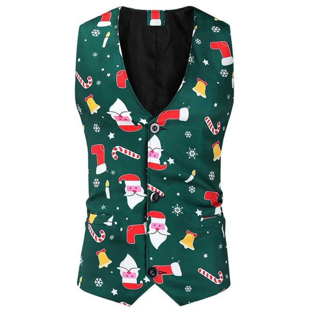 MenS Cartoon Printed Vest Autumn Winter Single-Breasted Casual Green Christmas Suit MenS Waistcoat Tank Tops Waistcoat Y240830
