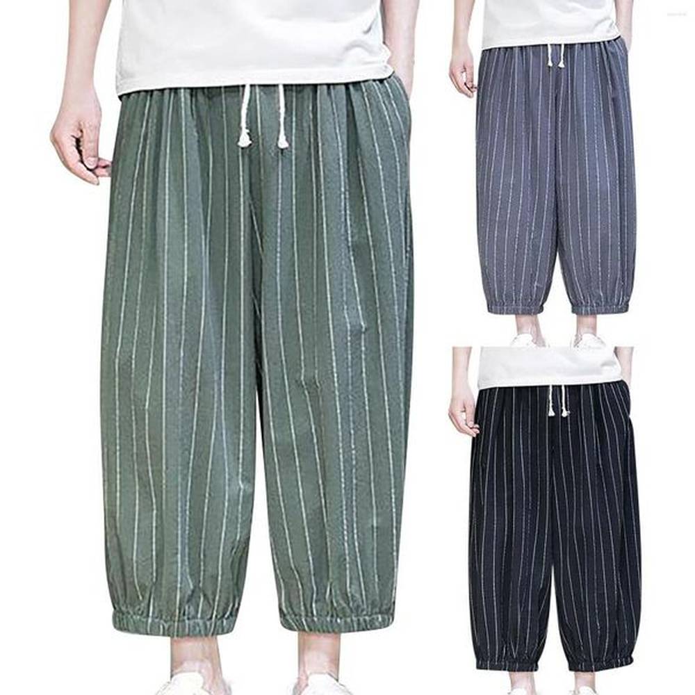 Men's Casual Breathable Polyester Straight Loose Nine Quarter Pants For Summer - Green, Black, Grey Fashion Style B1