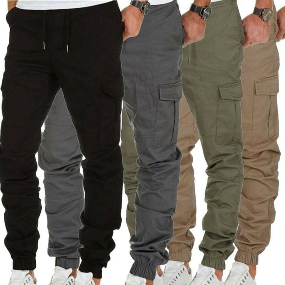 Men's Casual Cargo Joggers Pants - Elasticated Waist, Drawstring, Midweight, Khaki, Navy Blue, Black, Green, Gray, 2024 B2