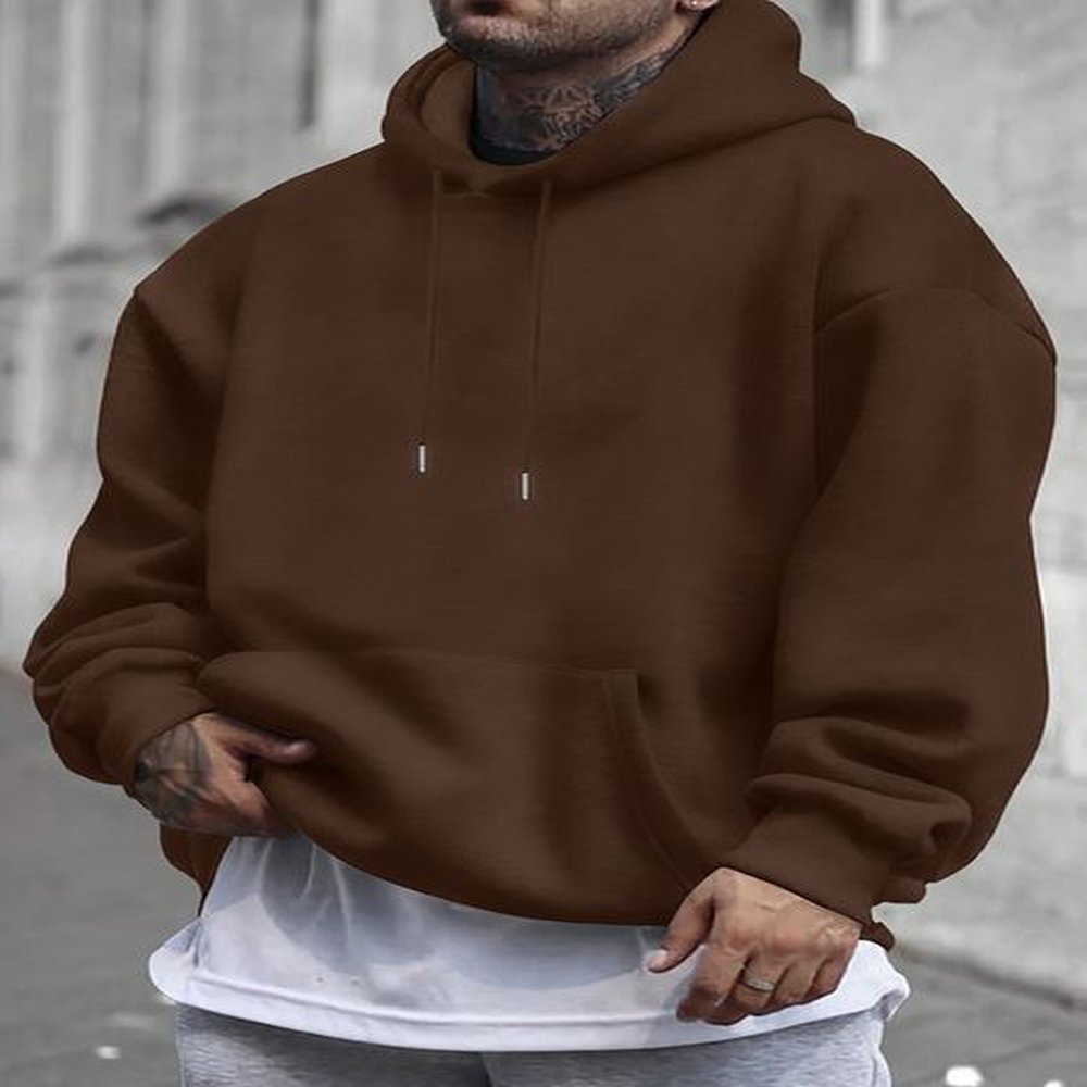 Men's casual fleece hoodie - solid color, long sleeves with kangaroo pockets, machine washable - perfect choice for spring/autumn