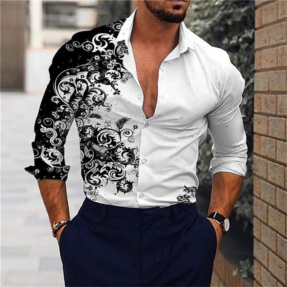 2024 Mens Casual Street Print Pattern Shirt Fashion Spring and Autumn Splicing Long sleeved Lapel Tops 250208