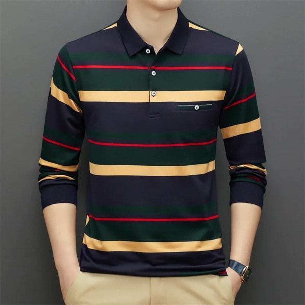 Mens Casual Stripe Plaid Long Sleeve Polo Shirt Fashion Solid Polo Top 240807