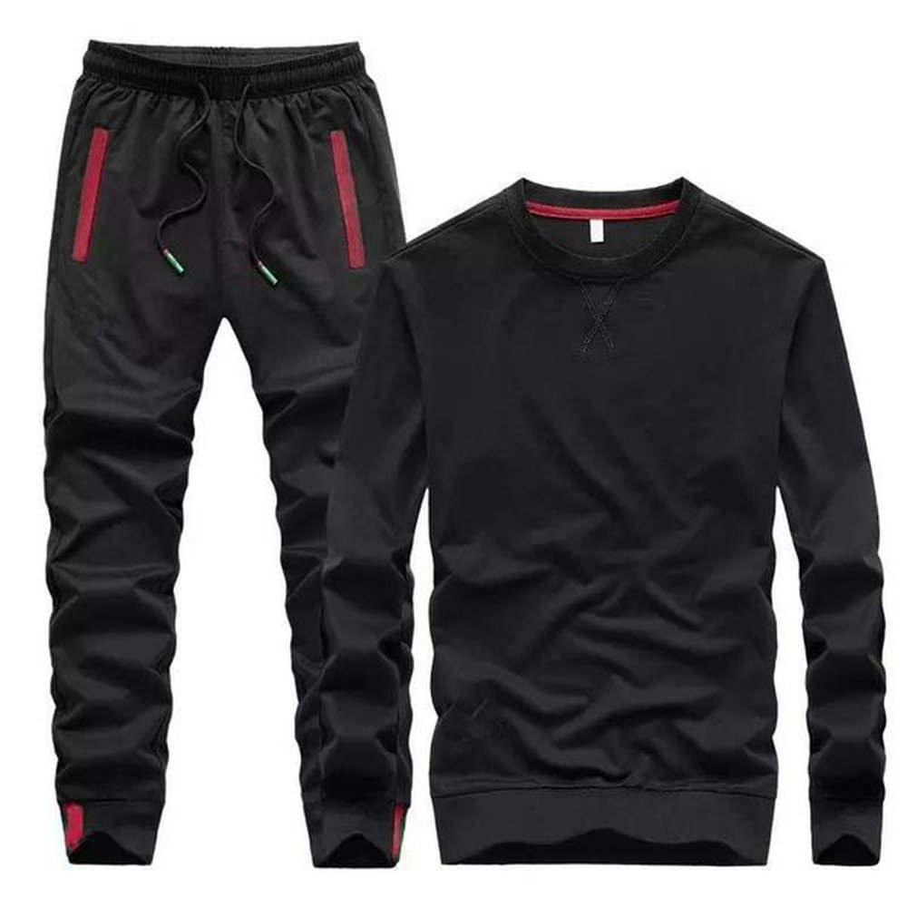 Men's Casual Tracksuit - Polyester Embroidery O-Neck Long Sleeve Sweatsuit, Black/White, Autumn B3