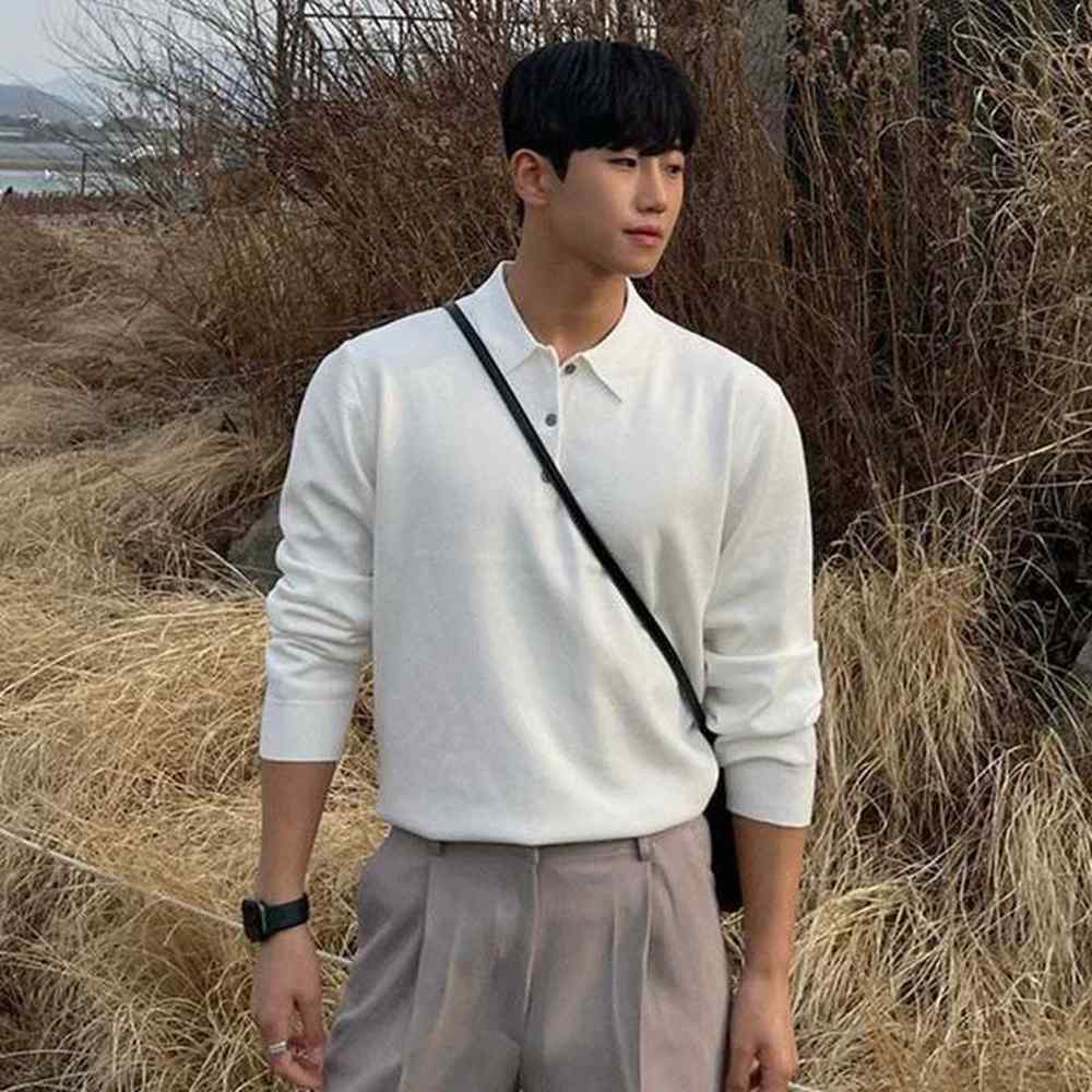Mens Clothing Light Luxury Knit Polo Shirt Long Sleeve Solid Color Pullover Sweater Korean Retro Popular Leisure Knitwear M-3XLXJ240906