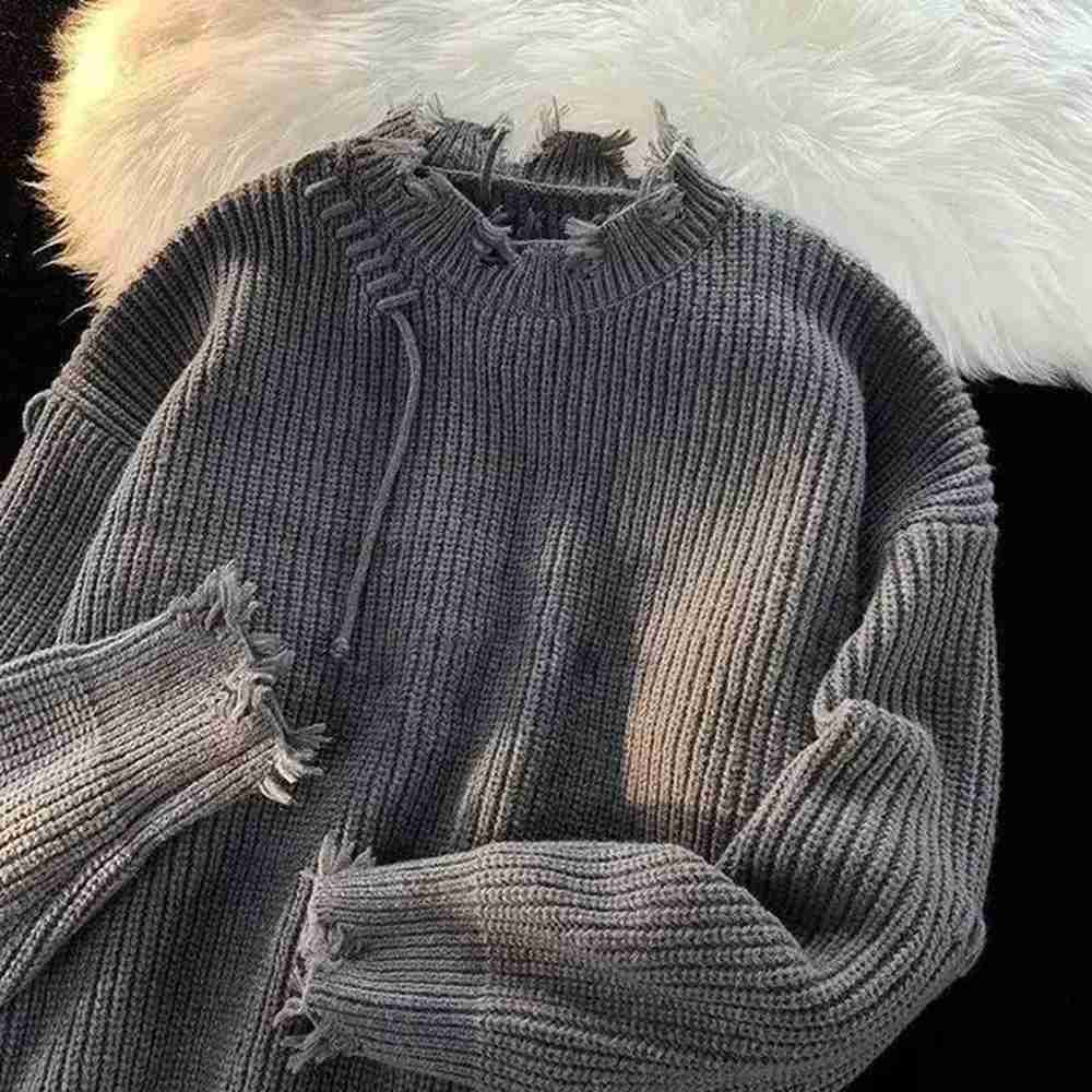 Mens clothing with floral beige knit sweater mens tear perforated solid color patch smooth fit Korean autumn clothing X A 241122