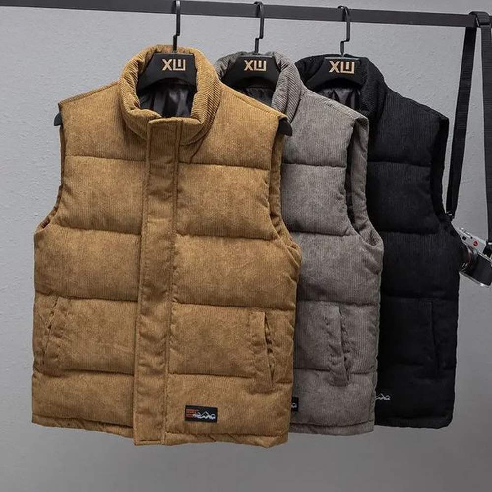 Mens Corduroy Stand collar thermal vest cargo thick zipper comfortable sleeveless vest solid color plush coat clothing 5XL 241206