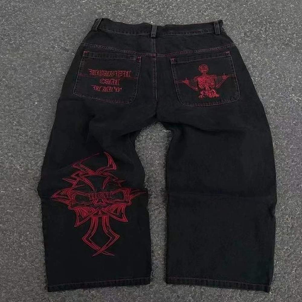 Mens 2024 Cotton Fashion Fully Embroidered Skull Loose Straight Casual Jeans Pants High Street Hip-Hop Y2K Vintage Pants 240724