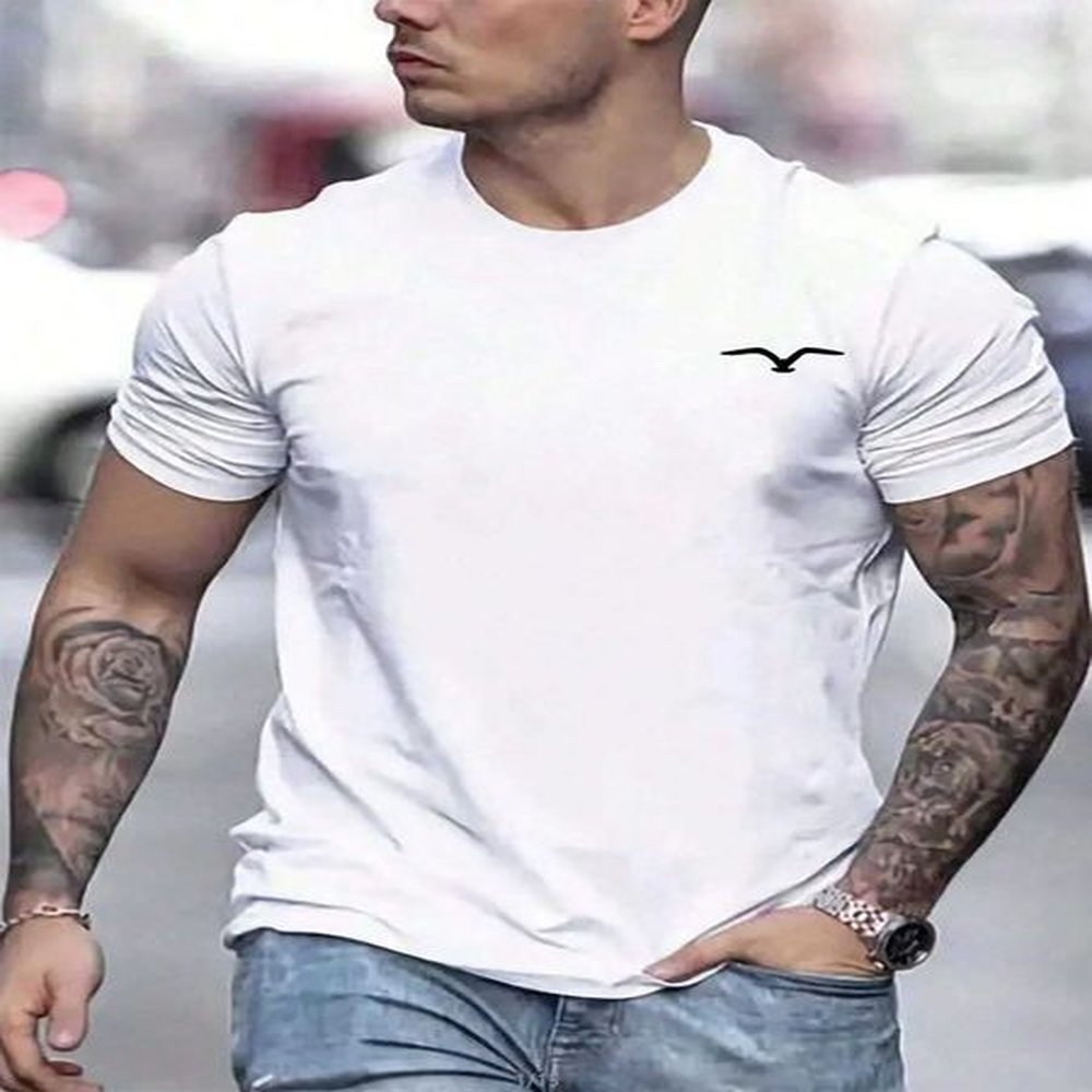Mens 100% cotton summer loose and comfortable Bird Graphic printed slim fit casual sports round neck short slved T-shirt topC241031