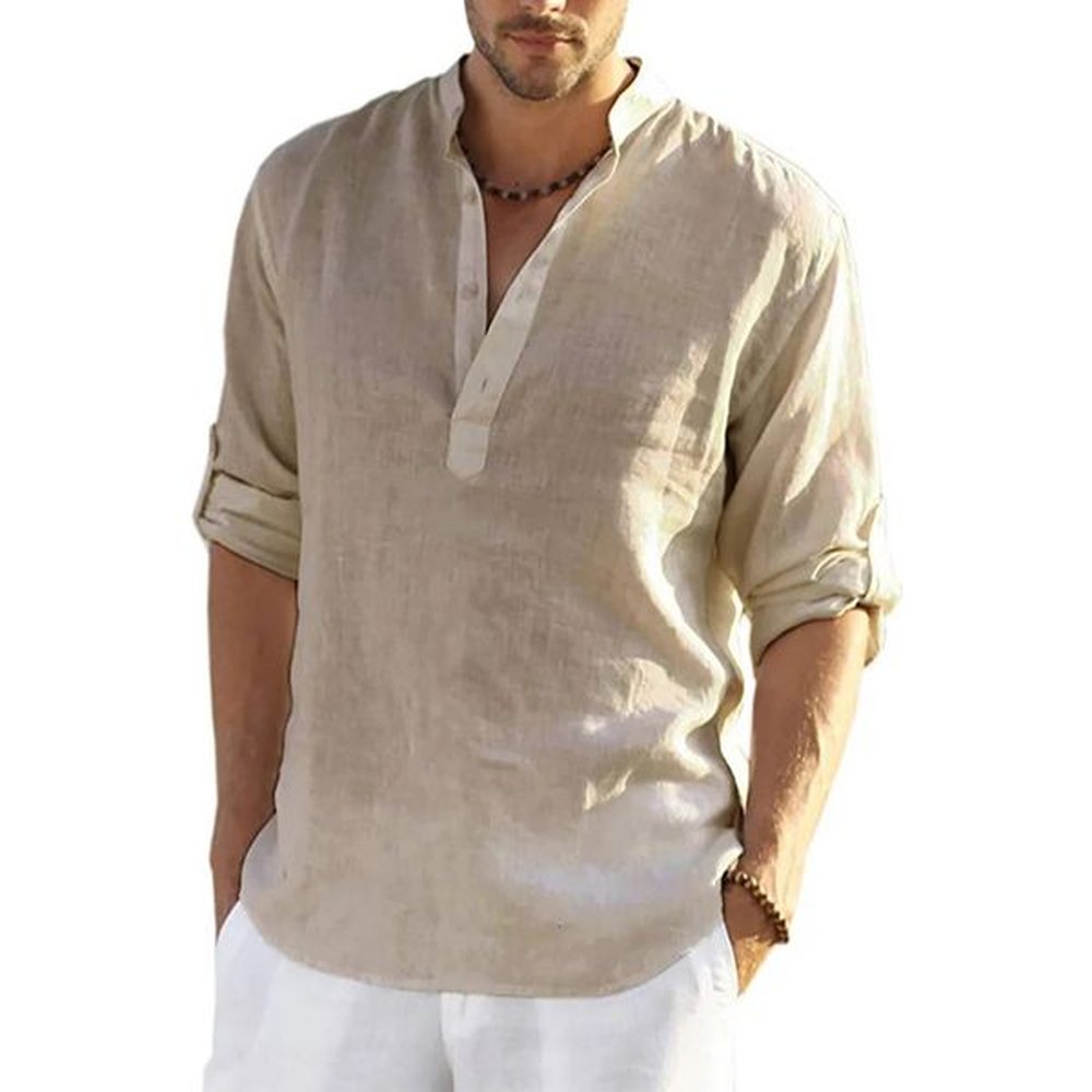 Mens Daily Linen Long Sleeve Shirt Solid Color Loose Casual Shirt Cotton Linen Comfy Fit Blouses Men Clothing 240808