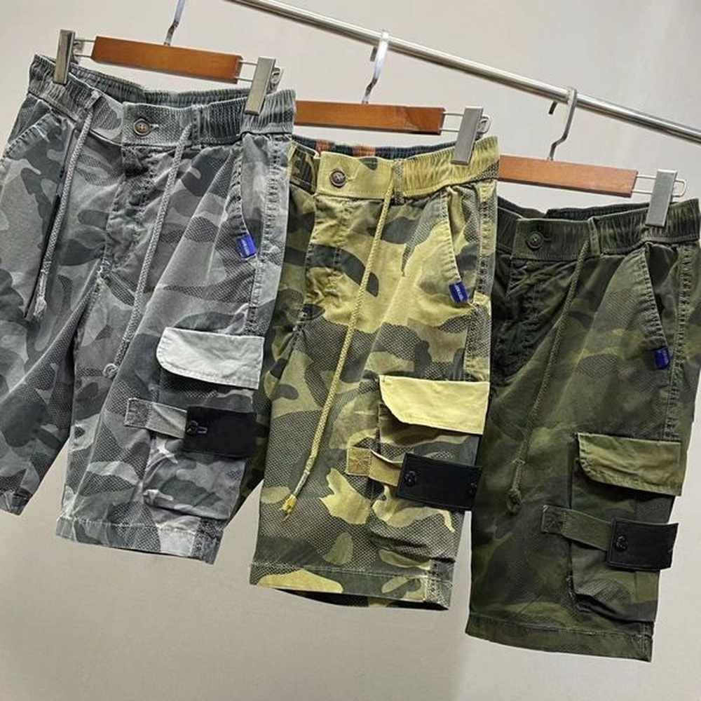 mens denim cargo shorts Island pants camouflage pattern summer casual board beach shorts thigh pants vintage loose shorts brand badge cargo