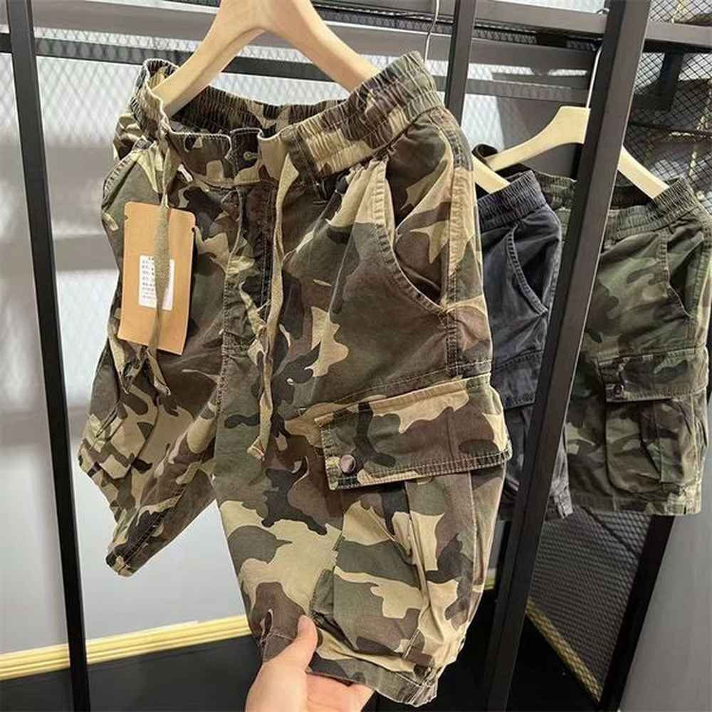 mens denim cargo shorts pants camouflage pattern summer casual board beach shorts pant vintage outdoor loose shorts knee length brand cargo