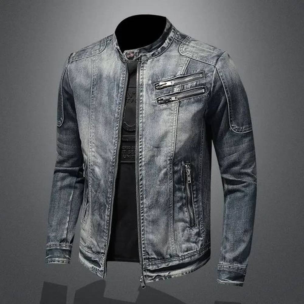 2023 mens denim jacket trendy retro fashion casual standup collar zipper handsome riding biker clothing tops 241025
