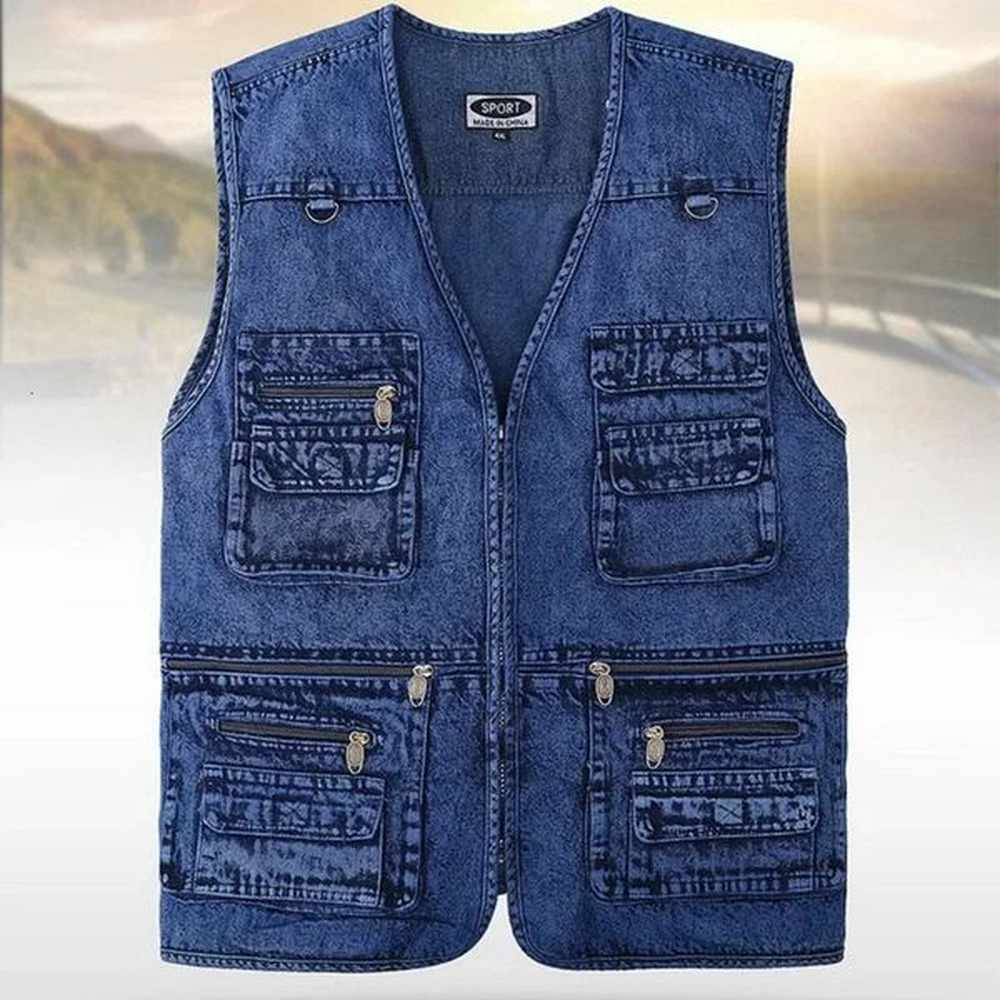 Mens Denim Vest Jacket Dark Blue Black Sleeveless Truck Driver Cyclist Multi-pocket Zipper 241220