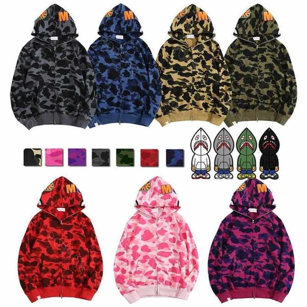 Mens Designer Hoodie Full Zip Up Shark Hoodies for Woman Black Camouflage Jacket Blue Hoody Hooded Sweatshirt Man Womens Sweater Long Tech F