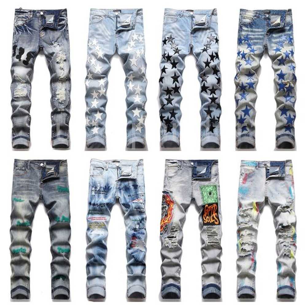 Mens Designer Jeans Fashion men jeans Style Jean Hombre Letter Star Embroidery High-end Pants Patchwork Ripped For Motorcycle Pant Mens Skin