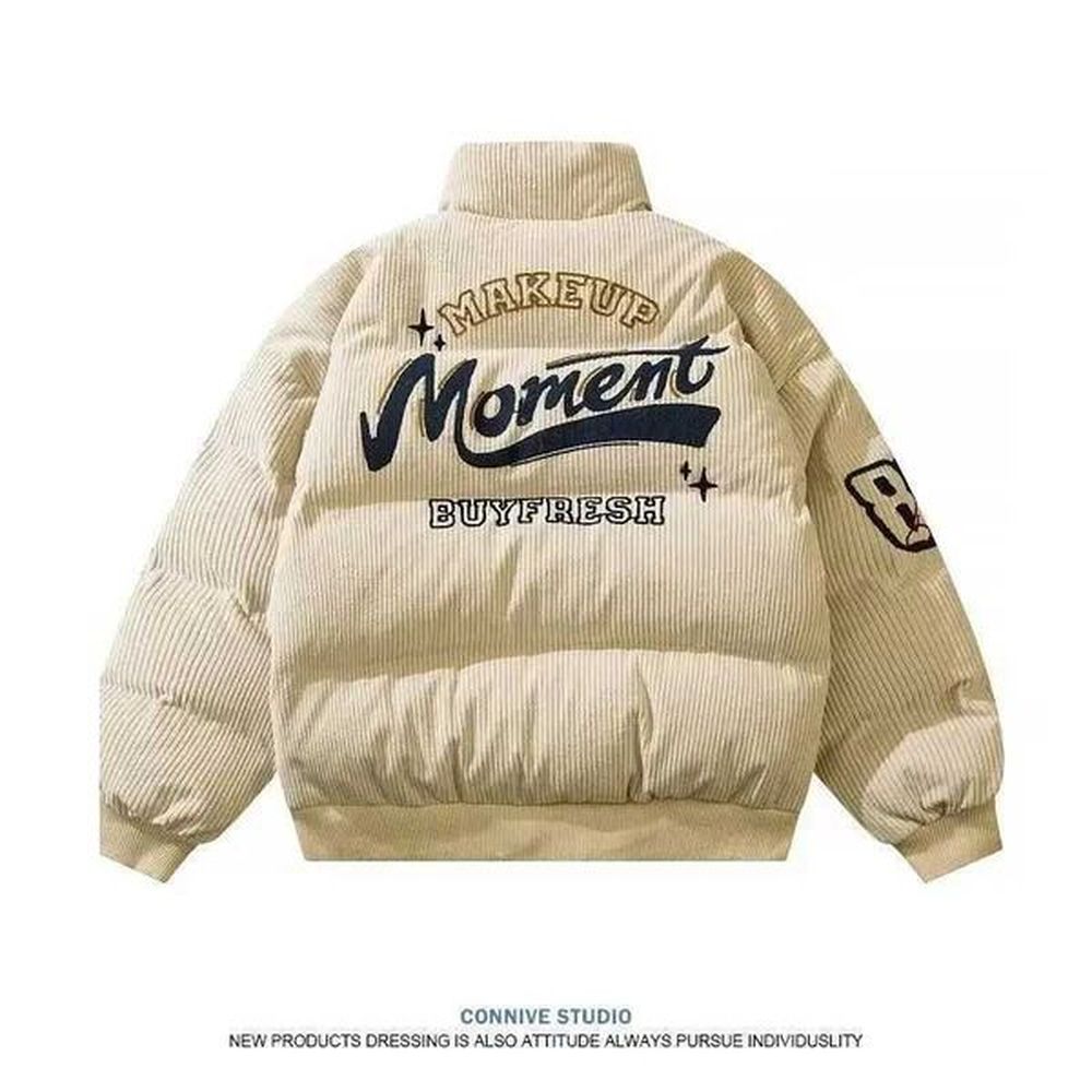 Men's Down Parkas Vintage Corduroy Winter Embroidery Stand Collar Cotton-padded Jacket Loose-fit Puffer Jacket Trendy Brand For Men Wom