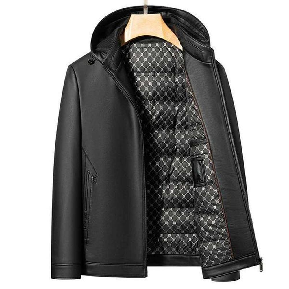 Men's Down Parkas YN-2337 Mens Winter Natural Leather Down Jacket Vertical Tie Hat White Duck Down Filled Super Warm Sheepskin Material