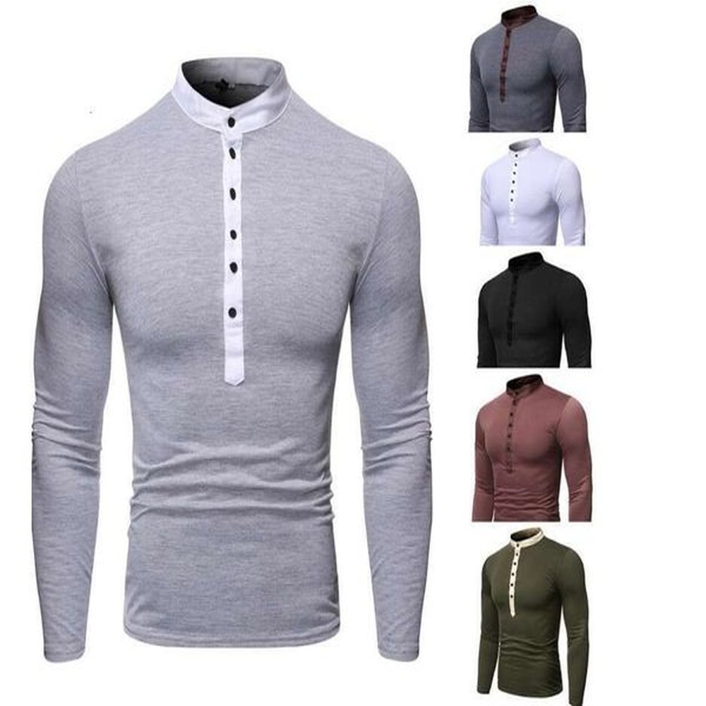 Men's Fake Two V-Neck Casual Long Sleeved Slim Fit Solid Color T-Shirt Top With Multiple Buttons B3