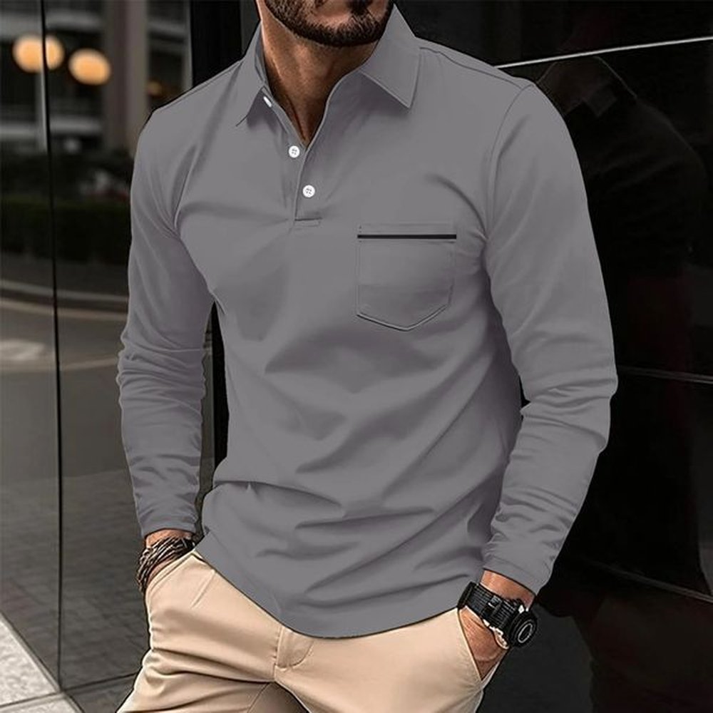 Mens Fashion Classic Autumn/Winter Collection Solid Color Polo Shirt with Long Sleeve Pocket and Colorful Sports Shirt 241206