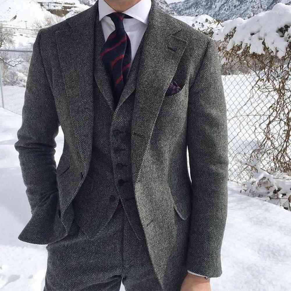 Men's Gray Wool Tweed 3 Piece Suit For Wedding, Formal Groom Tuxedo, Herringbone, Winter , Casual, Blazer Vest Pants Tie