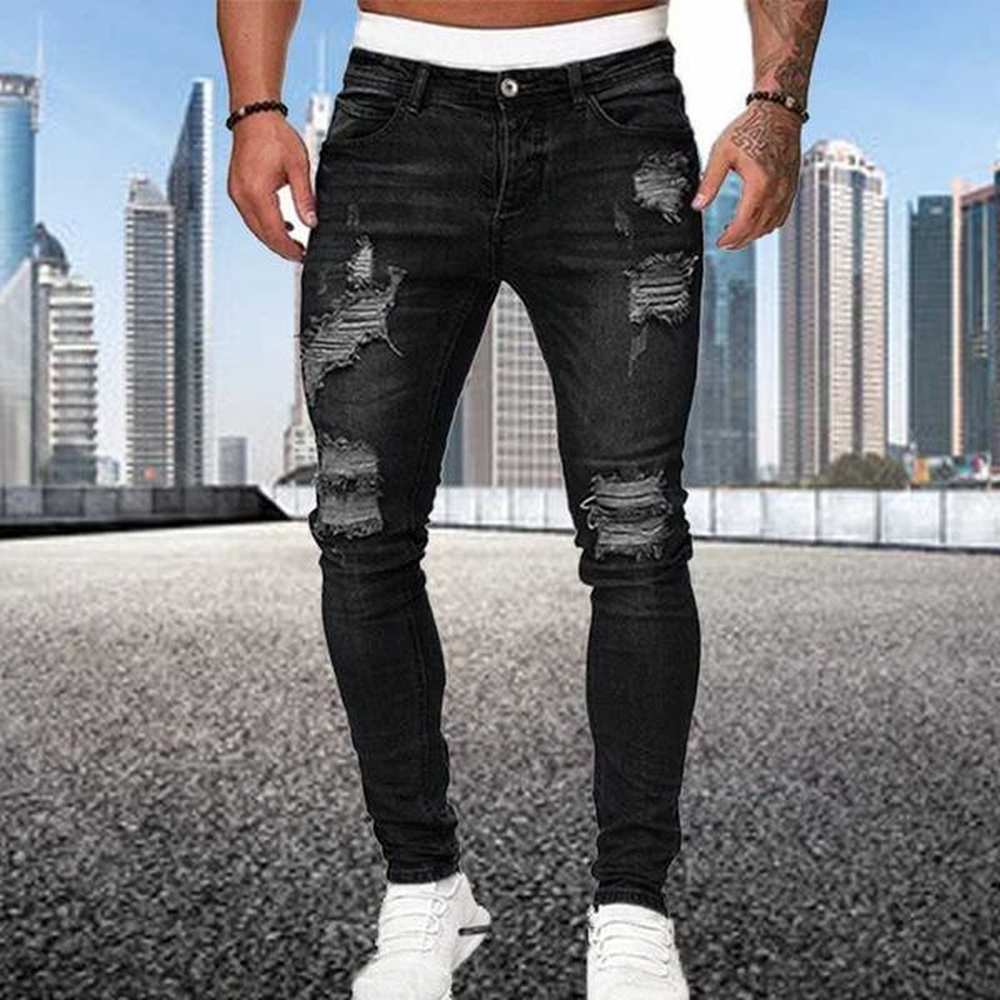 Mens Hip Hop Jeans Cotton Stretchy Ripped Skinny Jeans High Quality Youth Black Man Pants Slim Fit Oversize Denim TrousersZ240803