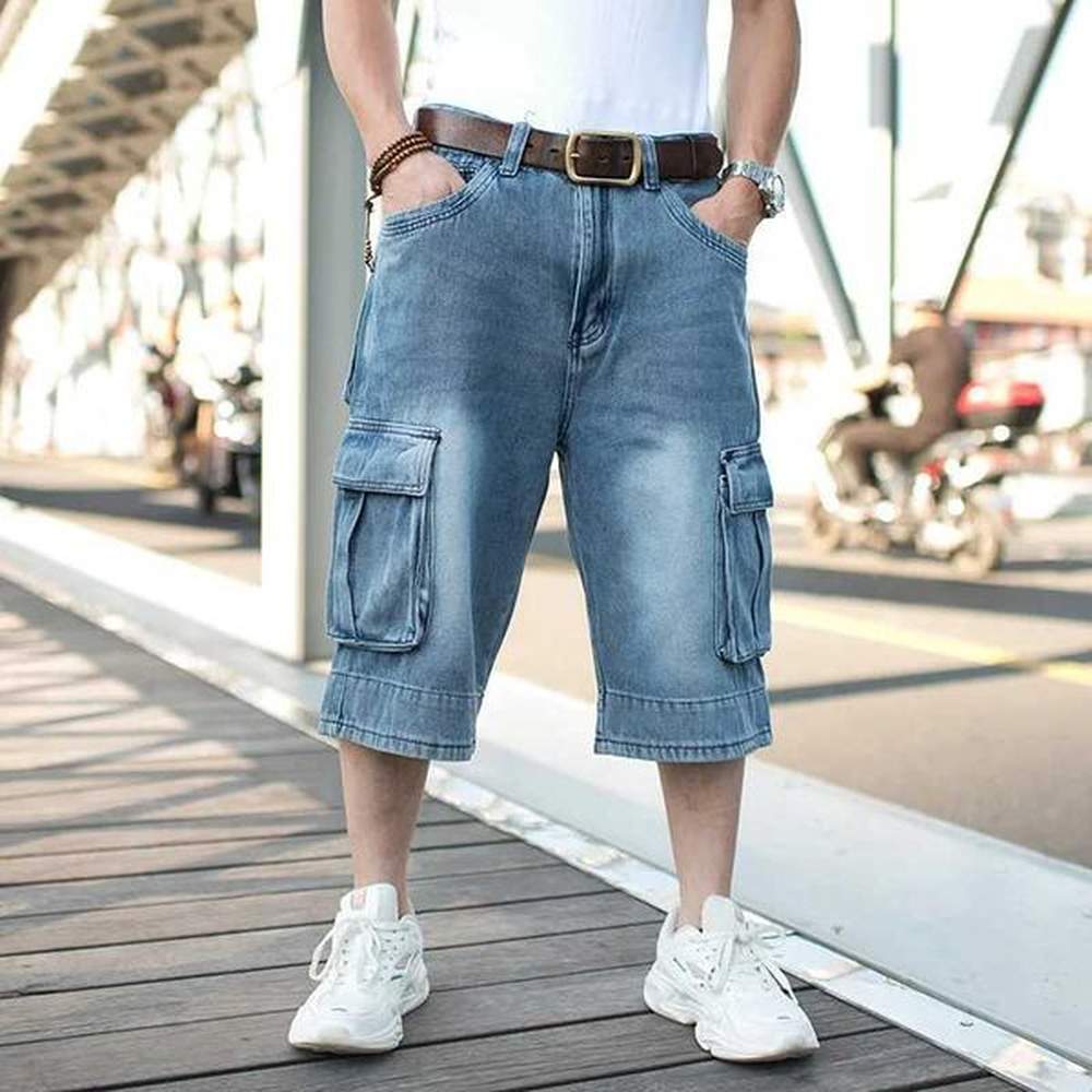 Mens Hip-Hop Wide-leg Denim Shorts Multi-Pocket Cropped Jeans Loose Cargo Jeans Men Plus Size 44 W250116