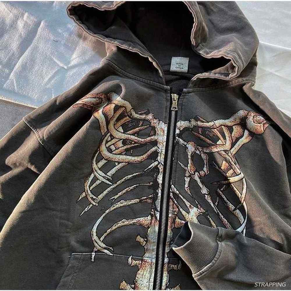 Men's Hoodies Sweatshirts American hip hop retro bone made old zipper hoodie sweatshirt Y2KGoth streetwear skeleton printed oversized H