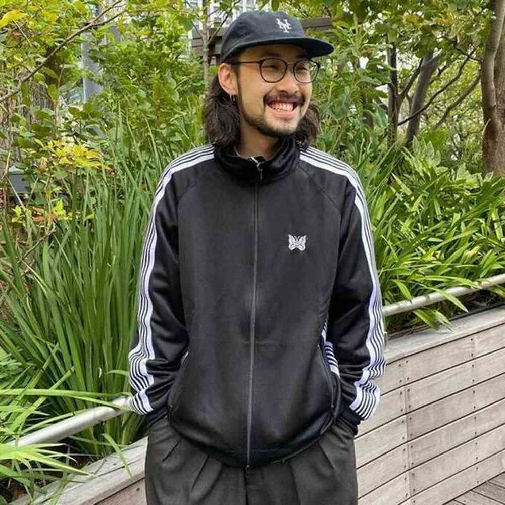 Men's Hoodies Sweatshirts Black sports cotton jacket 1 1 butterfly embroidery+track stripe lapel button mens oversized jacket long slee